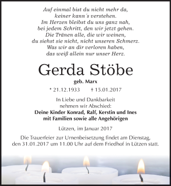 Traueranzeige von Gerda Stöbe von Mitteldeutsche Zeitung Weißenfels