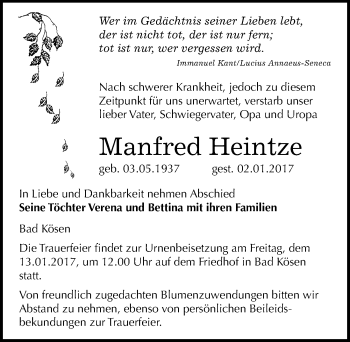 Traueranzeige von Manfred Heintze von Mitteldeutsche Zeitung Naumburg/Nebra
