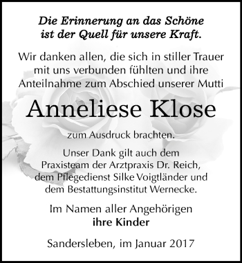 Traueranzeige von Anneliese Klose von Mitteldeutsche Zeitung Mansfelder Land