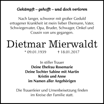 Traueranzeige von Dietmar Mierwaldt von WVG - Wochenspiegel Bitterfeld