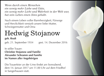 Traueranzeige von Hedwig Stojanow von Super Sonntag SGH Mansf. Land