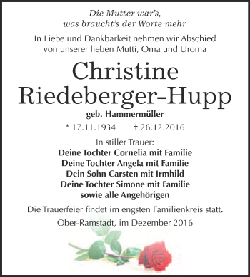 Traueranzeige von Christine Riedeberger-Hupp von Super Sonntag Wittenberg