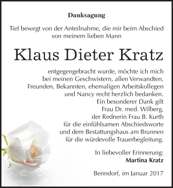 Traueranzeige von Klaus Dieter Kratz von Mitteldeutsche Zeitung Mansfelder Land
