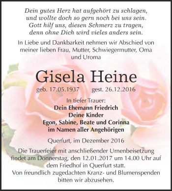 Traueranzeige von Gisela Heine von WVG - Wochenspiegel Merseburg