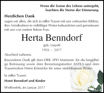 Traueranzeige von Herta Benndorf von WVG - Wochenspiegel NMB / WSF / ZTZ