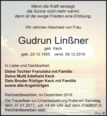 Traueranzeige von Gudrun Linßner von Mitteldeutsche Zeitung Weißenfels