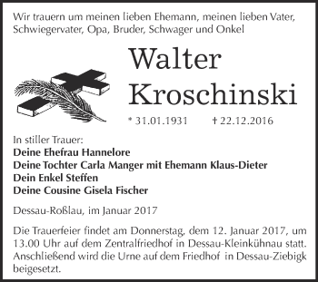 Traueranzeige von Walter Kroschinski von WVG - Wochenspiegel Dessau / Köthen