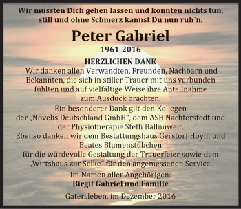 Traueranzeige von Peter Gabriel von Mitteldeutsche Zeitung Aschersleben