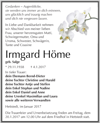 Traueranzeige von Irmgard Höme von Wochenspiegel Mansfelder Land