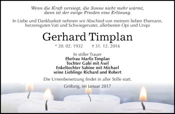 Traueranzeige von Gerhard Timplan von WVG - Wochenspiegel Dessau / Köthen