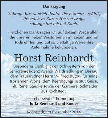 Traueranzeige von Horst Reinhardt von Mitteldeutsche Zeitung Dessau-Roßlau