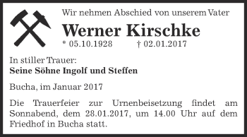 Traueranzeige von Werner Kirschke von WVG - Wochenspiegel NMB / WSF / ZTZ