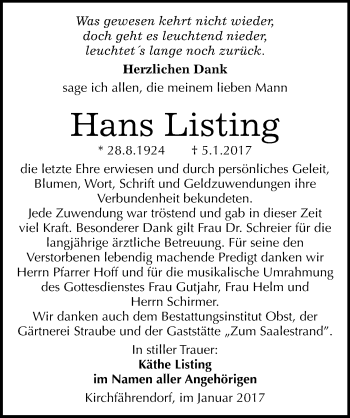 Traueranzeige von Hans Listing von Mitteldeutsche Zeitung Merseburg/Querfurt