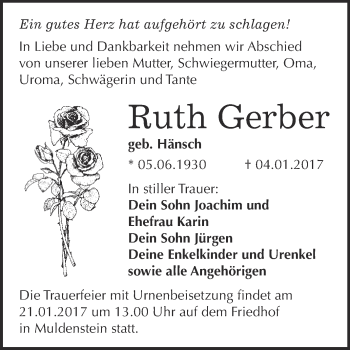 Traueranzeige von Ruth Gerber von WVG - Wochenspiegel Bitterfeld