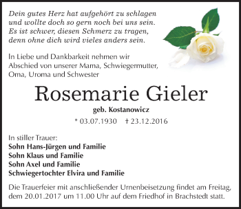 Traueranzeige von Rosemarie Gieler von Mitteldeutsche Zeitung Halle/Saalkreis