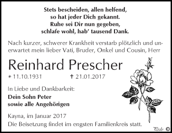 Traueranzeige von Reinhard Prescher von Super Sonntag Zeitz