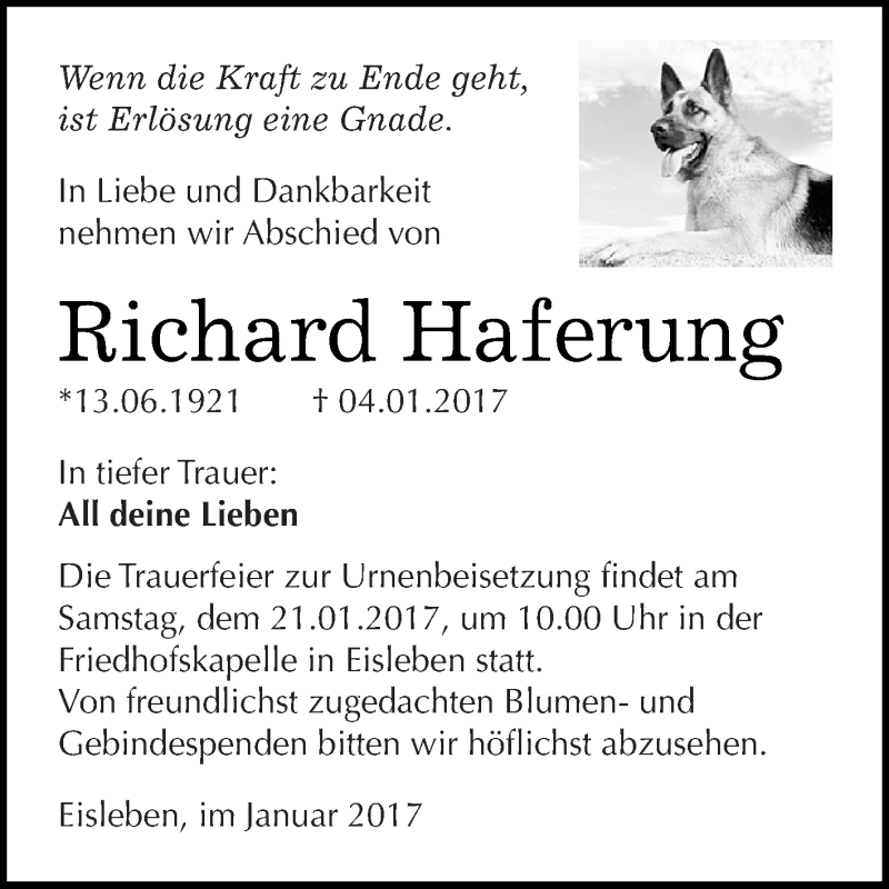  Traueranzeige für Richard Haferung vom 18.01.2017 aus Wochenspiegel Mansfelder Land
