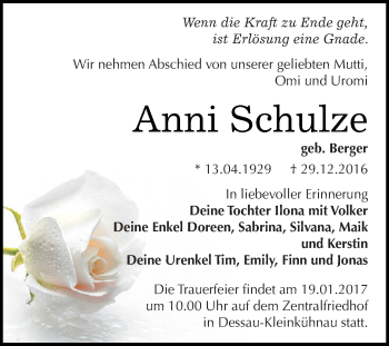 Traueranzeige von Anni Schulze von WVG - Wochenspiegel Dessau / Köthen