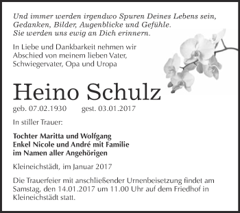 Traueranzeige von Heino Schulz von WVG - Wochenspiegel Merseburg