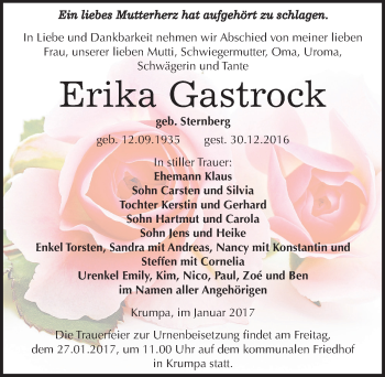 Traueranzeige von Erika Gastrock von Mitteldeutsche Zeitung Merseburg/Querfurt