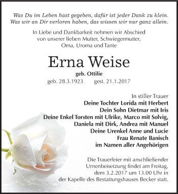 Traueranzeige von Erna Weise von Mitteldeutsche Zeitung Sangerhausen