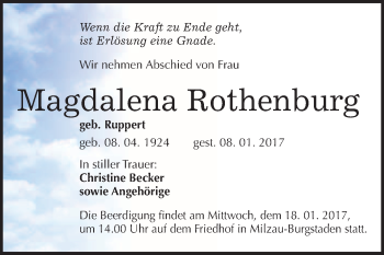 Traueranzeige von Magdalena Rothenburg von WVG - Wochenspiegel Merseburg
