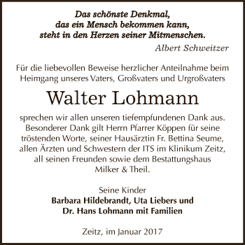 Traueranzeige von Walter Lohmann von Super Sonntag Zeitz