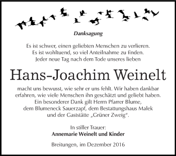 Traueranzeige von Hans-Joachim Weinelt von Super Sonntag SGH Mansf. Land