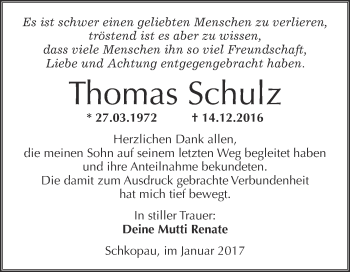 Traueranzeige von Thomas Schulz von WVG - Wochenspiegel Merseburg