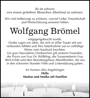 Traueranzeige von Wolfgang Brömel von Mitteldeutsche Zeitung Merseburg/Querfurt