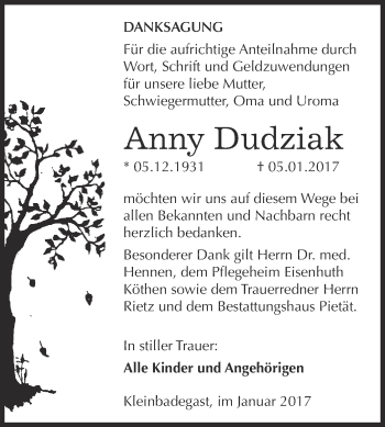 Traueranzeige von Anny Dudziak von WVG - Wochenspiegel Dessau / Köthen