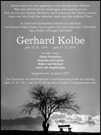 Traueranzeige von Gerhard Kolbe von Super Sonntag SGH Mansf. Land