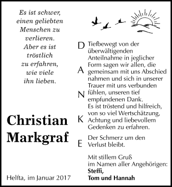 Traueranzeige von Christian Markgraf von Mitteldeutsche Zeitung Mansfelder Land