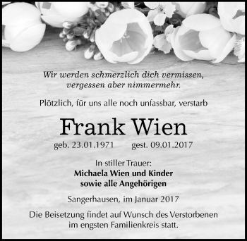 Traueranzeige von Frank Wien von Mitteldeutsche Zeitung Sangerhausen