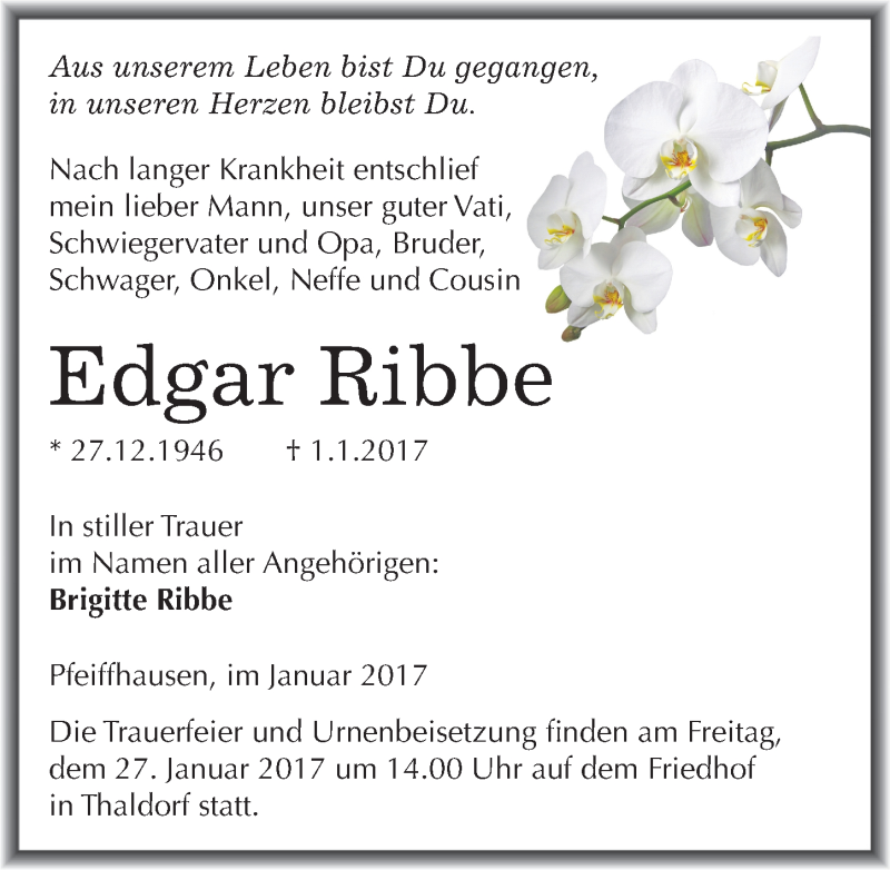  Traueranzeige für Edgar Ribbe vom 14.01.2017 aus Mitteldeutsche Zeitung Mansfelder Land