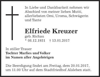 Traueranzeige von Elfriede kreuzer von WVG - Wochenspiegel Bernburg