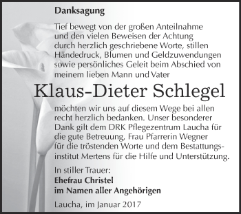 Traueranzeige von Klaus-Dieter Schlegel von WVG - Wochenspiegel NMB / WSF / ZTZ