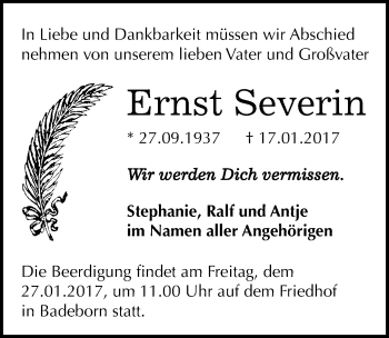 Traueranzeige von Ernst Severin von Mitteldeutsche Zeitung Quedlinburg