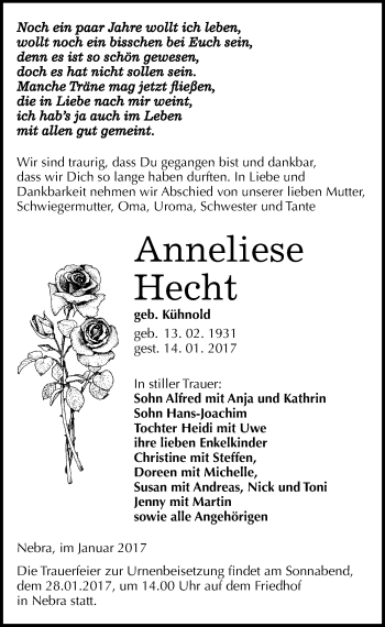 Traueranzeige von Anneliese Hecht von Mitteldeutsche Zeitung Naumburg/Nebra