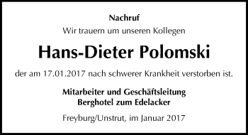 Traueranzeige von Hans-Dieter Polomski von Mitteldeutsche Zeitung Naumburg/Nebra