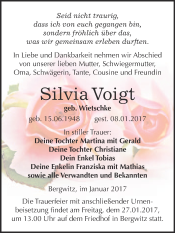 Traueranzeige von Silvia Voigt von WVG - Wochenspiegel Wittenberg