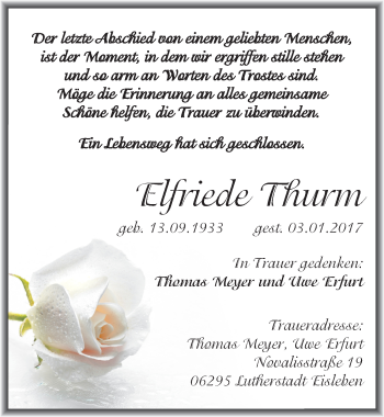 Traueranzeige von Elfriede Thurm von Mitteldeutsche Zeitung Mansfelder Land