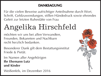 Traueranzeige von Angelika Hirschfeld von Mitteldeutsche Zeitung Weißenfels