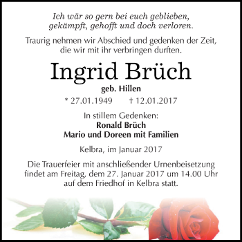 Traueranzeige von Ingrid Brüch von WVG - Wochenspiegel SGH
