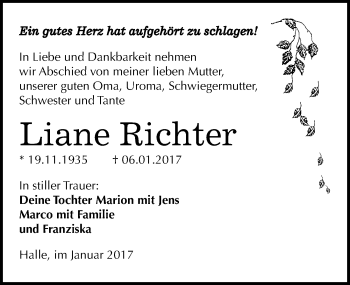 Traueranzeige von Liane Richter von Mitteldeutsche Zeitung Halle/Saalkreis