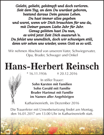 Traueranzeige von Hans-Herbert Reinsch von Mitteldeutsche Zeitung Sangerhausen