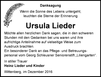 Traueranzeige von Ursula Lieder von Mitteldeutsche Zeitung Wittenberg