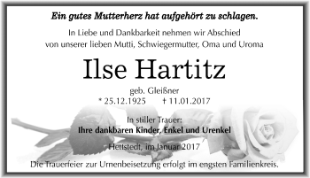Traueranzeige von Ilse Hartitz von Mitteldeutsche Zeitung Mansfelder Land