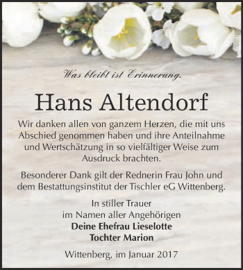 Traueranzeige von Hans Altendorf von Super Sonntag Wittenberg