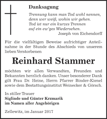 Traueranzeige von Reinhard Stammer von Super Sonntag Bernburg